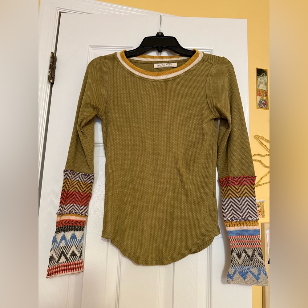 Free People - We The Free Olive Top with Multicolored Sleeves